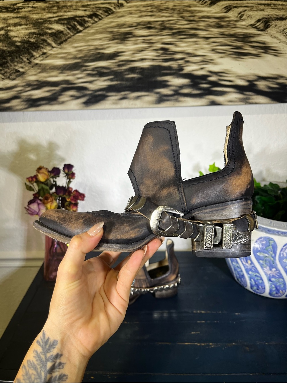 freebird Blade Black Leather Wooden Heeled Boots with Silver Buckle 8 - Picture 7 of 13